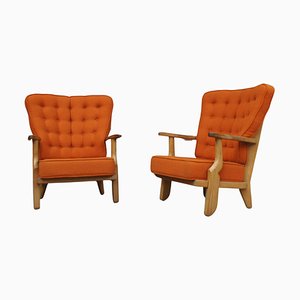Light Oak and Mesh Fabric Armchairs attributed to Guillerme Et Chambron for Votre Maison, 1950s, Set of 2