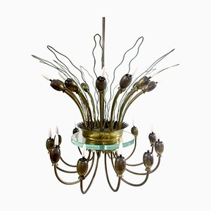 Lámpara de araña italiana Mid-Century moderna de metal, latón y vidrio, años 50