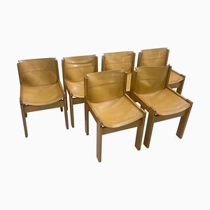 Mid-Century Modern Chairs Leather and Wood, Italy, 1970s, Set of 6
