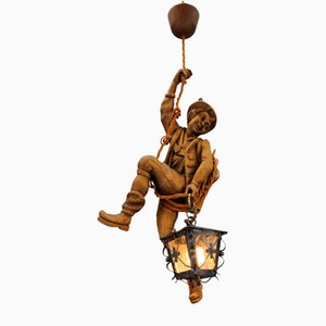 German Pendant Light with Carved Wooden Figure, 1970s