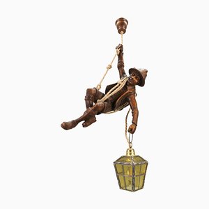 Large German Pendant Light Fixture with Carved Climber Figure and Lantern, 1930s