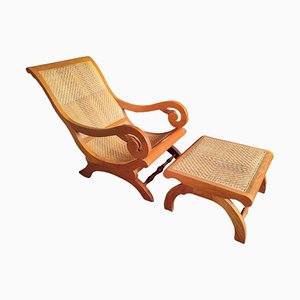 Mahogany Plantation Chair and Footstool with Woven Cane, 1990s, Set of 2