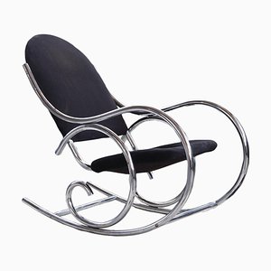 Sculptural Chrome and Black Velour Rocking Chair in the Style of Milo Baughman, 1970s