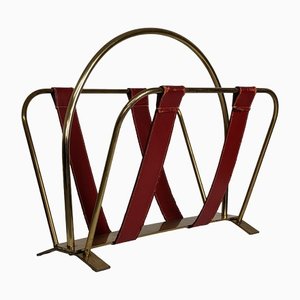 Brass and Leather Magazine Rack, France, 1950s