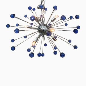 Lámpara de araña italiana hecha a mano en azul Sputnik de cristal de Murano