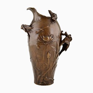 Art Nouveau Bronze Vase with Frog, Dragonfly and Flowers by Frédéric Debon, 1902