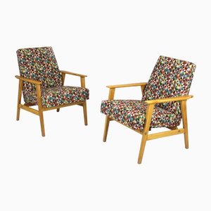 Beech Armchairs with Patterned Fabric, 1960s, Set of 2