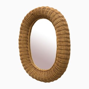 Oval Mirror in Wicker and Bamboo, 1980s