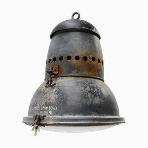 Grande Lampe à Suspension Industrielle Vintage en Verre et Émail Bleu
