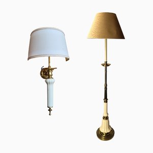 Lamp and Wall Lamp in Gilded Metal and Porcelain, Set of 2