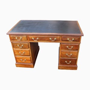Pedestal Desk in Solid Mahogany with Green Leather, 1940s