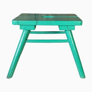 French Brutalist Wooden Stool in Green Paint, 1950s