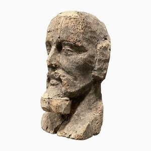 Buste d'Homme en Bois Sculpté avec Barbe
