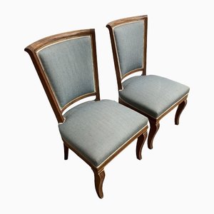 Antique French Empire Walnut Boudoir Salon Blue Chairs, 1870s, Set of 2