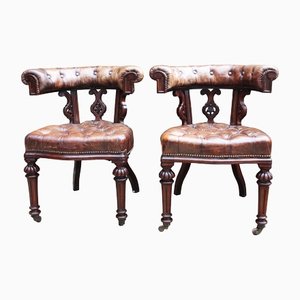 19th Century Leather and Mahogany Library Chairs, Set of 2