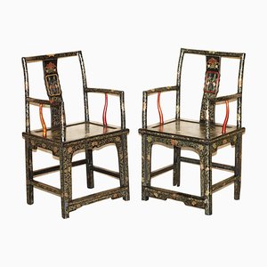 Chinese Ming Style Lacquered & Painted Armchairs, 1900s, Set of 2