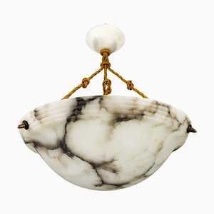 Large French Art Deco White and Black Alabaster Pendant Light, 1930s