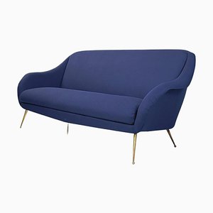 Italian Blue Sofa with Brass Legs, 1950s