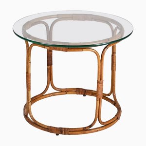 Mid-Century Italian Round Rattan & Bamboo Coffee Table with Glass Shelf, 1960s