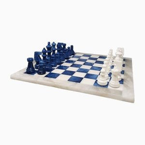Handmade Blue and White Volterra Alabaster Chess Set, Italy, 1970s, Set of 33