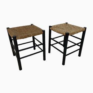 Modernist Rush and Beech Stools in the Style of Charlotte Perriand, 1960s, Set of 2