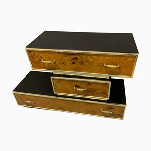 Modular Veneer Wood and Brass Trimmed Console Cabinet, 1950s, Set of 3