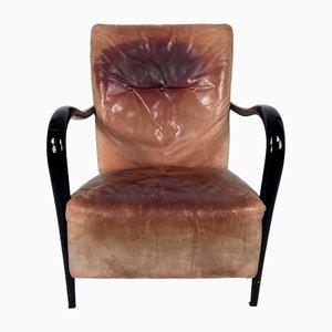 Mid-Century Italian Sculptural Leather and Curved Wood Armchair, 1950s