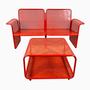 Mid-Century Italian Two-Seater Bench in Red Metal with Matching Table, 1970s, Set of 2