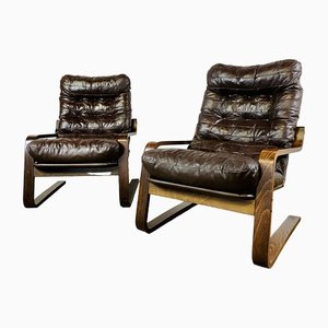 Mid-Century Cantilever Lounge Chairs in Leather and Bentwood, 1980s, Set of 2