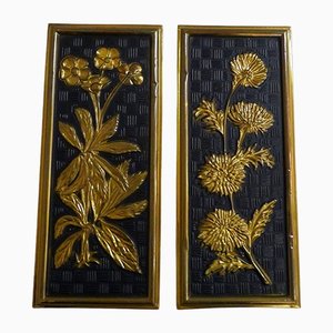 Decorative Wall Plates with Floral Motif in Black & Gold Metal from Elpec England, 1960s, Set of 2