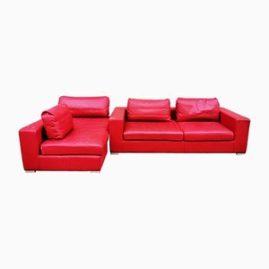 Sofá y chaise longue vintage de cuero rojo. Juego de 2