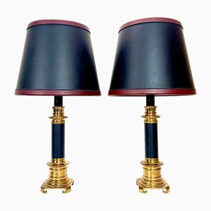 Large Brass and Leather Table Lamps from Maison Jansen, France, 1970s, Set of 2
