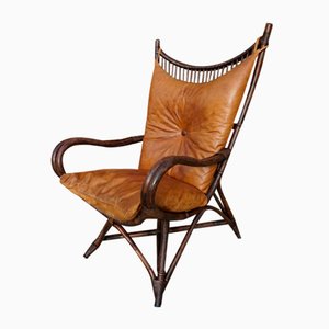 Bamboo and Leather Sculptural Fan Back Lounge Chair, 1960s