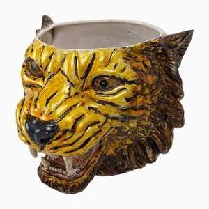 Hand-Painted Ceramic Tiger Head Planter, Italy, 1960s