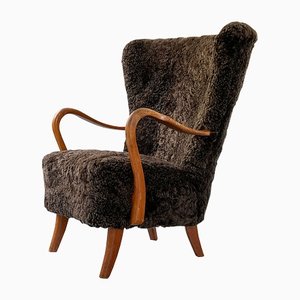 Wingback Chair in Sheepskin by Alfred Christensen, 1940s