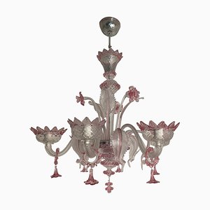 Transparenter und rosafarbener Kronleuchter aus Muranoglas mit Blumen und Blättern von Simoeng