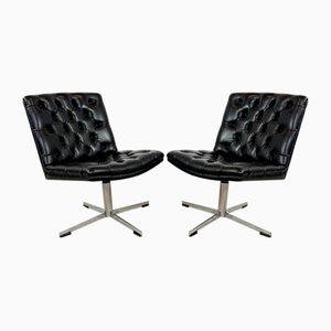 Vintage Buttoned Black Leather Swivel Chairs, 1960s, Set of 2