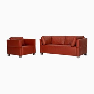 Orange Leather Carrée 2-Seater Sofa & Lounge Chair from Brühl, Set of 2