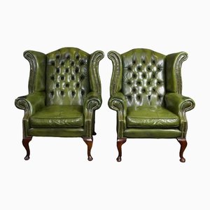 Green Chesterfield Wingchairs, Set of 2