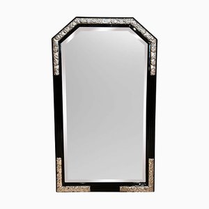 Large Art Deco Black Lacquer on Oak Wall Mirror, France, 1930s