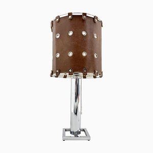 Lámpara de mesa italiana brutalista de cuero y cromo, años 60