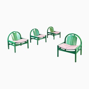 Modern French Pink Leather and Green Wood Argos Armchairs attributed to Baumann, 1970s, Set of 4