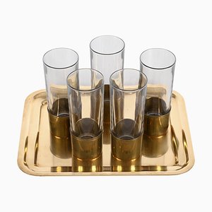 Mid-Century Italian Brass and Glass Glasses and Tray by Delvè for Delfi, 1970s, Set of 4