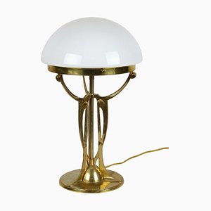 Art Nouveau Gilt Brass Table Lamp with White Glass Lampshade, Austria, 1910s