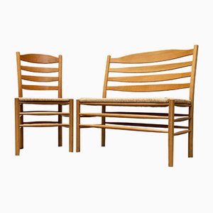 Scandinavian Papercord Bench and Chair in Oak from TS, Set of 2