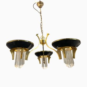 Mid-Century Italian Prism Chandelier in Brass and Murano Glass, 1970s