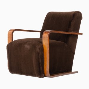 Art Deco Brown Beech and Fleece Chair, 1930