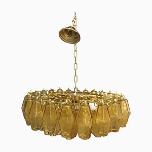 Lámpara de araña Poliedro de cristal de Murano verde con metal dorado de Simoeng