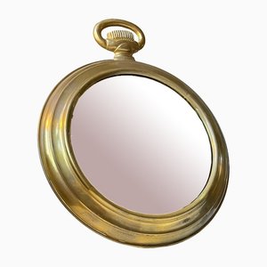 Vintage French Brass Pocket Watch Shaped Wall Mirror, 1950s