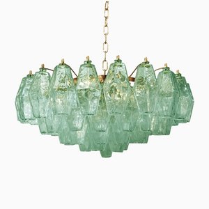 Lámpara de araña Poliedro de cristal de Murano verde con marco de metal dorado de Simoeng